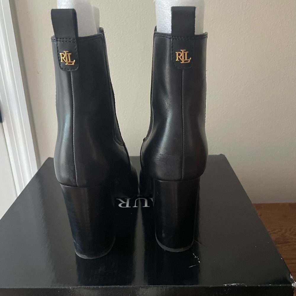 Ralph Lauren Black Heeled Boots with Gold Logo